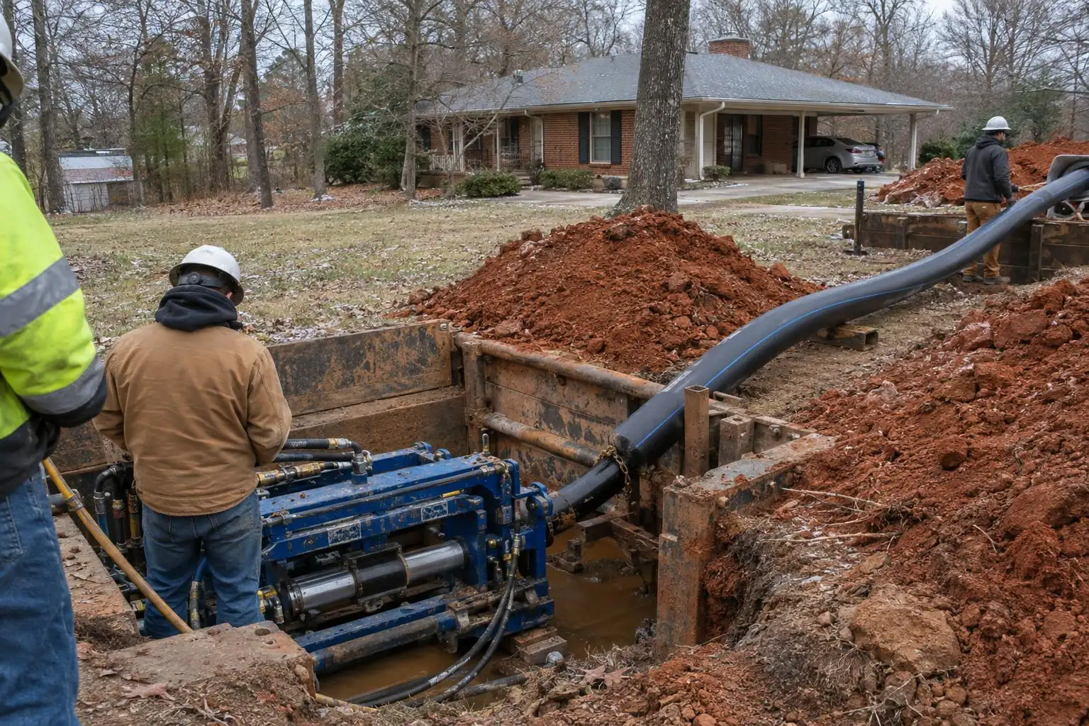 Two workers at a shored excavation pit holding a blue hydraulic puller with a black pipe running out of the pit