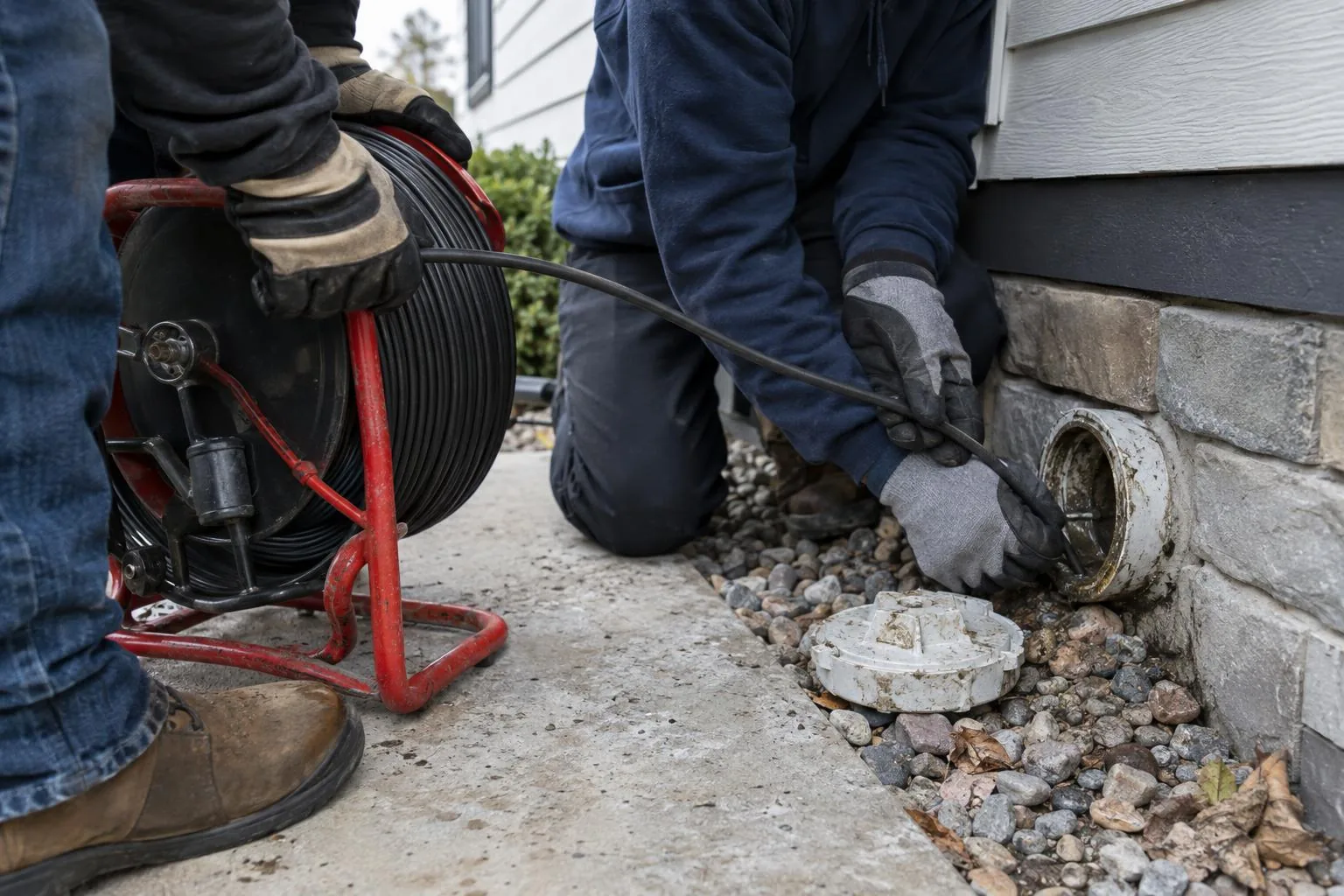 A technician's gloved hands threading a black camera cable from a red reel into a cleanout cap beside a house wall