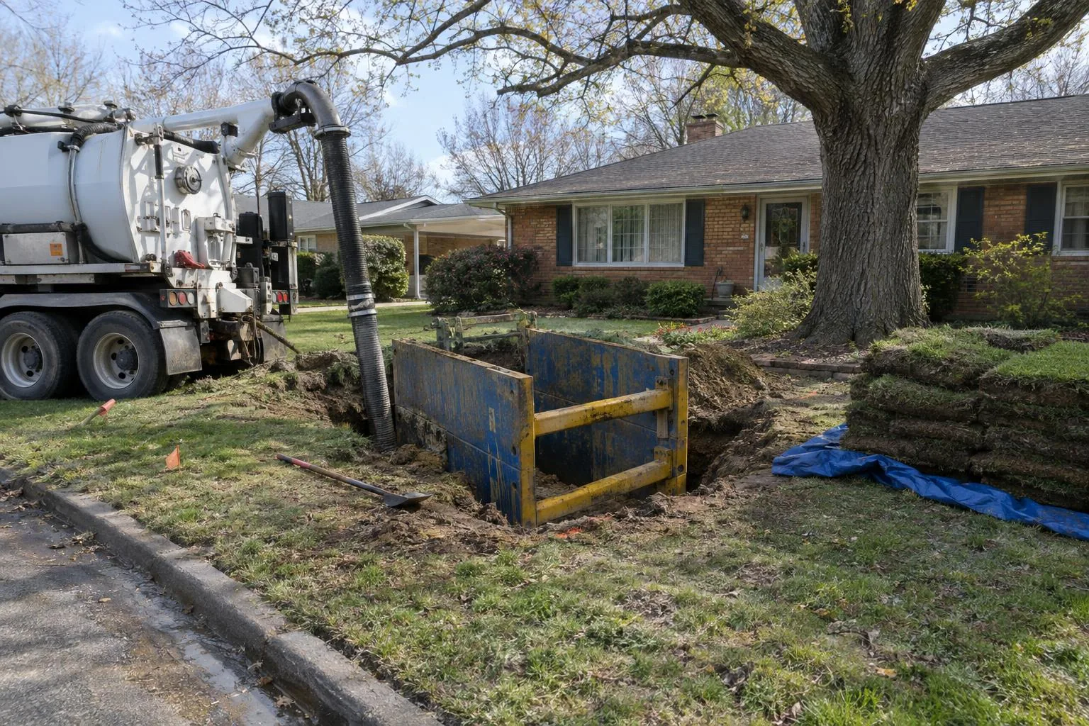 A vacuum truck, a steel trench shield and an open excavation in a front yard with rolled sod and a blue tarp beside it